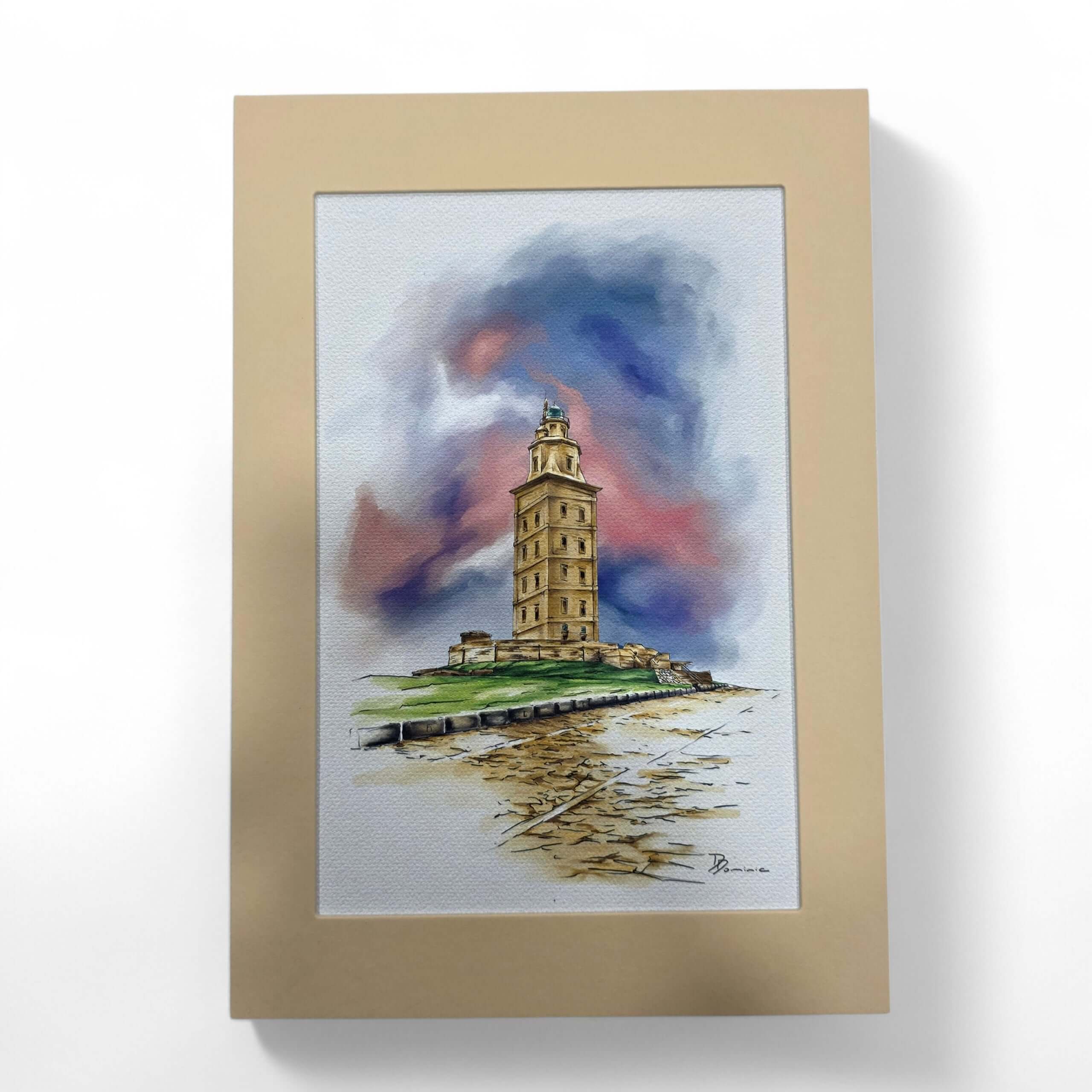 Litografía Torre de Hércules atardecer