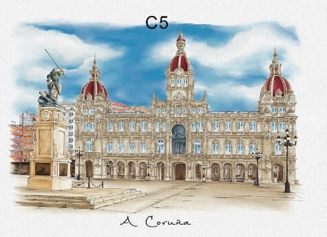 Postal ilustrada Ayuntamiento y María Pita A Coruña