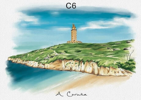 Postal ilustrada Playa de las Lapas A Coruña